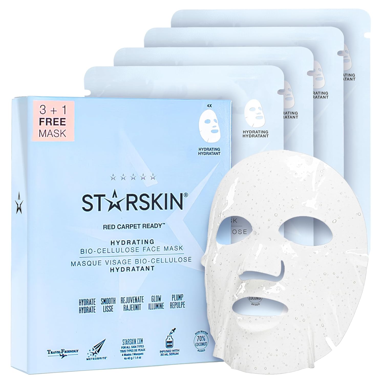 STARSKIN Hydrating Face Mask: Nourishing, Revitalizing, Anti-Aging Treatment STARSKIN Hydrating Face Mask, Bio-Cellulose & Probiotics, 3+1 Pack, Deep Hydration & Nourishing, Revitalizing & Anti-Aging, Glass Skin, Cooling, Moisturizing, Korean Face Mask, Red Carpet Ready