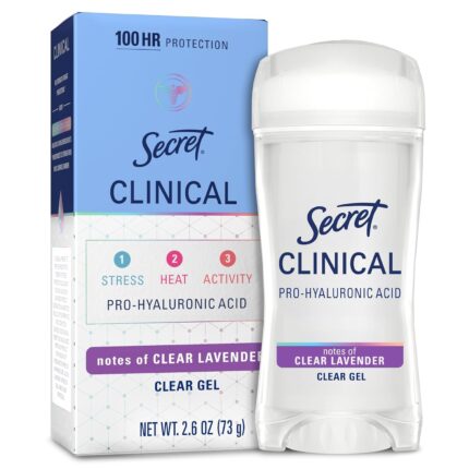 Secret Clinical Strength 100HR Sweat & Odor, Clear Gel Antiperspirant Deodorant for Women, 3X Stress Protection with Hyaluronic Acid, PH Balancing Minerals, Clear Lavender Scent, 2.6 oz