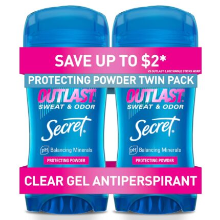 Secret Outlast Antiperspirant Deodorant for Women, 72hr Sweat & Odor Protection, PH Balancing Minerals, Clear Gel, Protecting Powder Scent, 2.6 oz (Pack of 2)