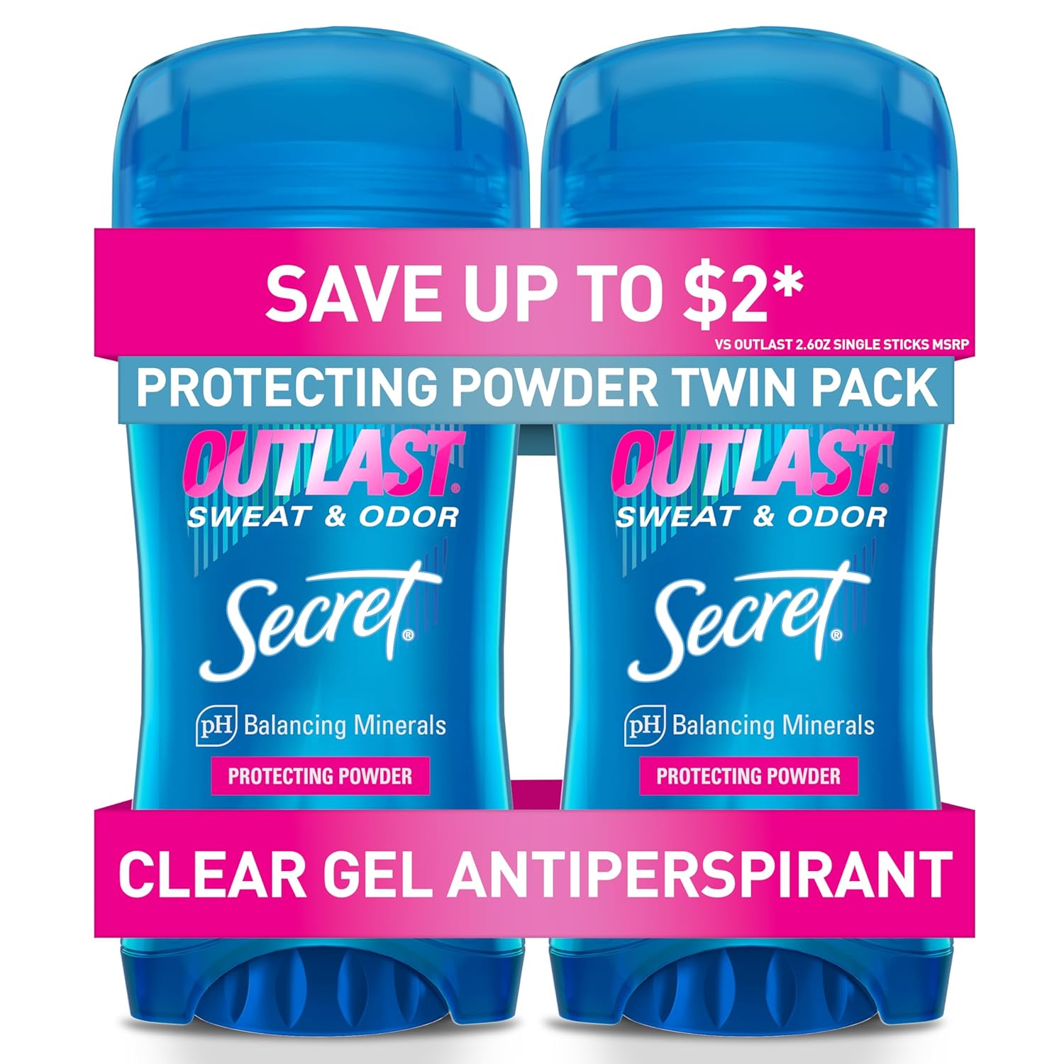 Secret Outlast Women’s Antiperspirant: 72-Hour Protection, Clear Gel, 2-Pack Secret Outlast Antiperspirant Deodorant for Women, 72hr Sweat & Odor Protection, PH Balancing Minerals, Clear Gel, Protecting Powder Scent, 2.6 oz (Pack of 2)