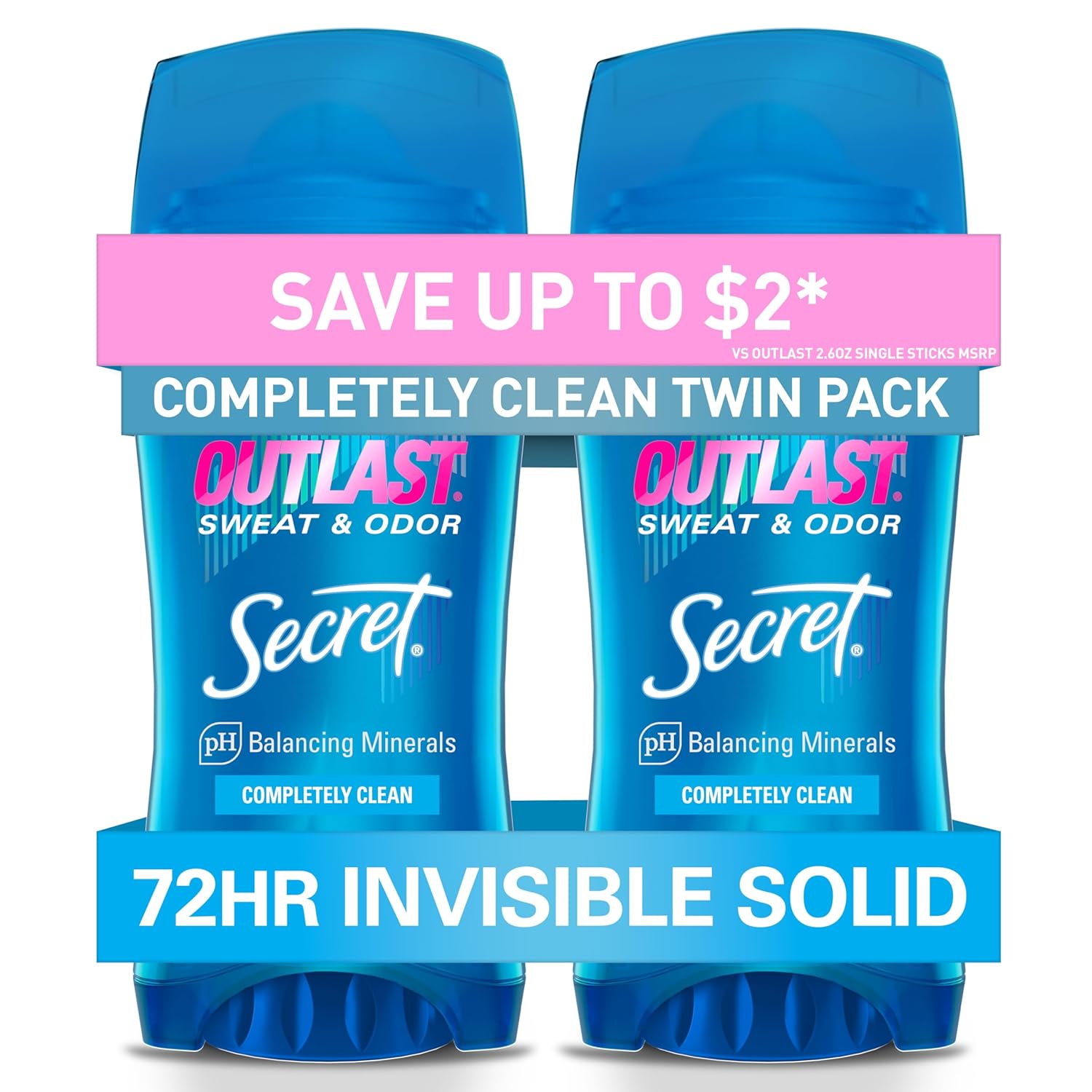 Secret Outlast Women’s Deodorant: 72-Hour Odor Protection, 2-Pack Secret Outlast Antiperspirant Deodorant for Women, 72hr Sweat & Odor Protection, PH Balancing Minerals, Invisible Solid, Completely Clean Scent, 2.6 oz (Pack of 2)