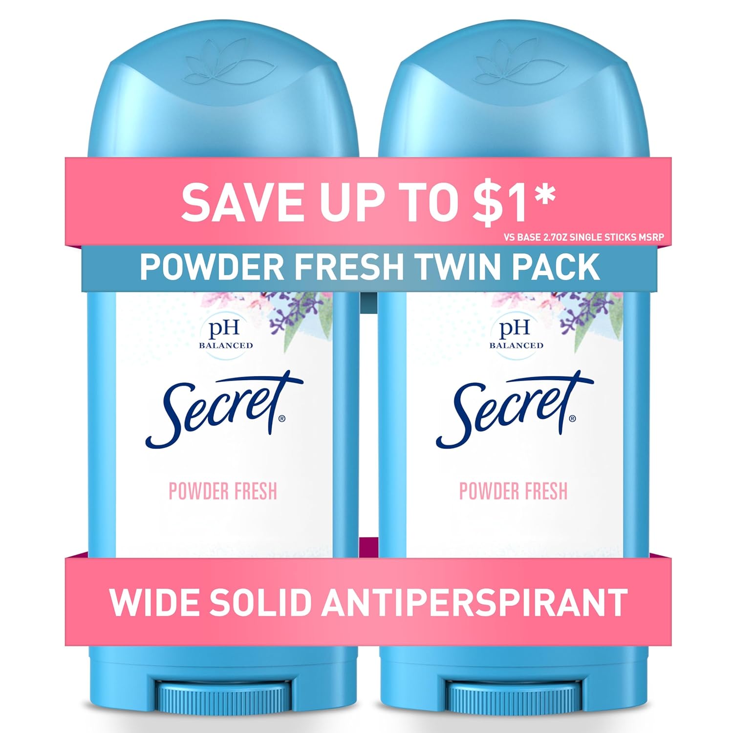 Secret Women's Deodorant: 24HR Protection, Gentle, Powder Fresh Secret Antiperspirant and Deodorant for Women, 24hr Sweat & Odor Protection, PH Balanced Protection, Gentle on Skin, Wide Solid, Powder Fresh Scent, 2.7 oz (Pack of 2)