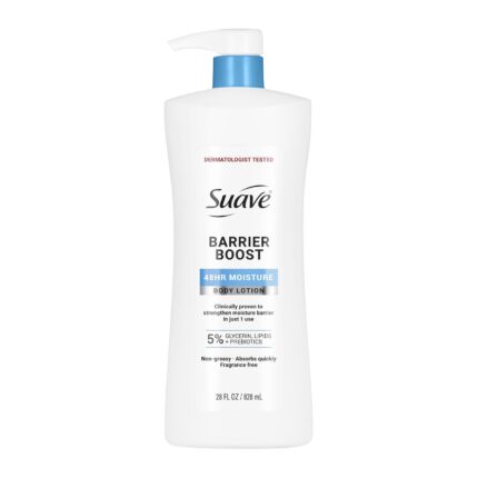 Suave Barrier Boost Body Lotion for Women with Glycerin, Lipids & Prebiotics, Fragrance Free, Dermatologist Tested, Clinically Proven 48-Hour Moisture, Moisturizing Body Lotion, Non-Greasy, 28 Fl Oz