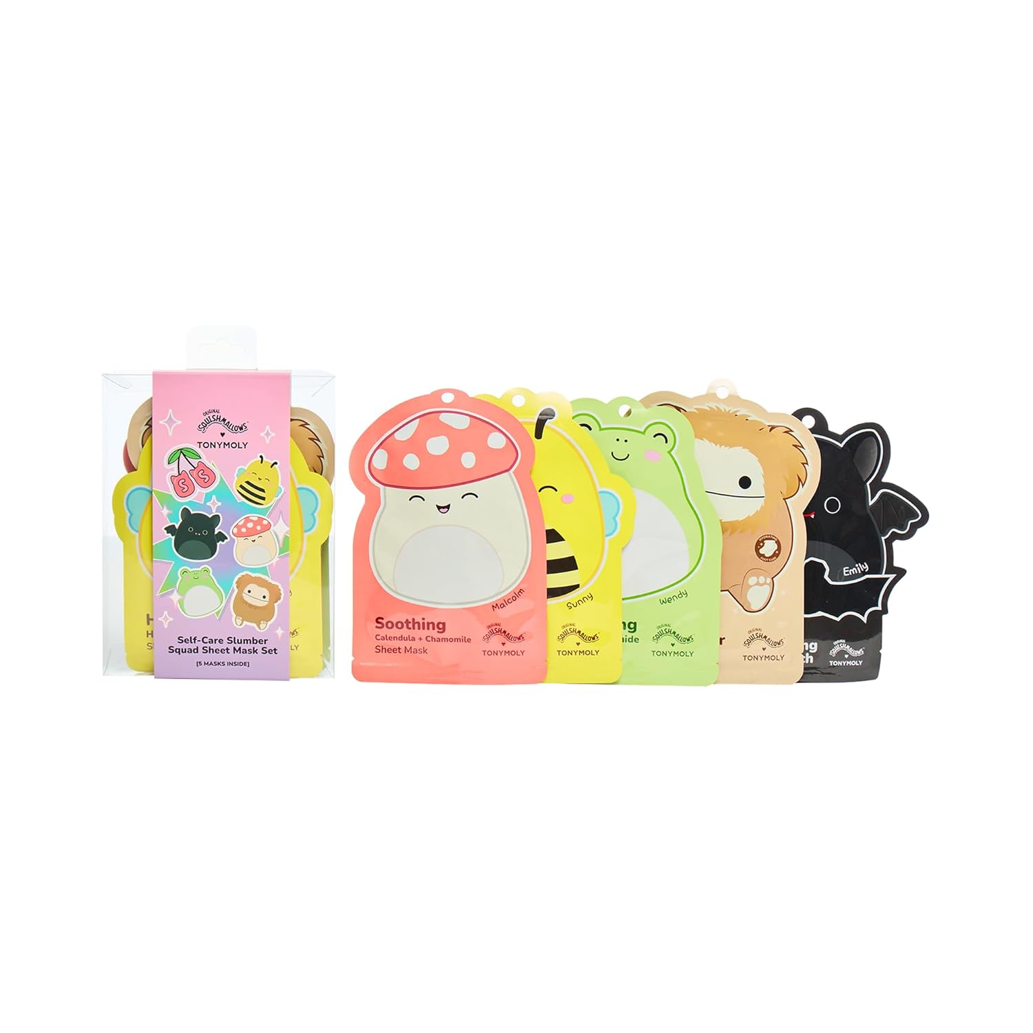 TONYMOLY x Squishmallows 5-Piece Self-Care Sheet Mask Set TONYMOLY x Squishmallows Self-Care Slumber Squad Sheet Mask Set – 5 Piece Korean Skincare Gift Set with Face & Foot Masks for Hydrating, Soothing, Brightening & Nourishing Skin