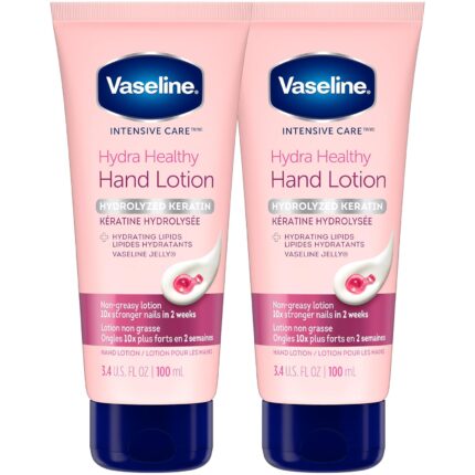 Vaseline Hand Cream 2-Pack – Healthy Hands Stronger Nails with Keratin, 10X Stronger Nails in 2 Weeks, 3.4 Oz Ea