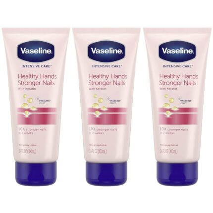 Vaseline Lotion, Healthy Hands Stronger Nails with Keratin 3-Pack – Intensive Care Hand Lotion with Petroleum Jelly, 3.4 Oz Ea