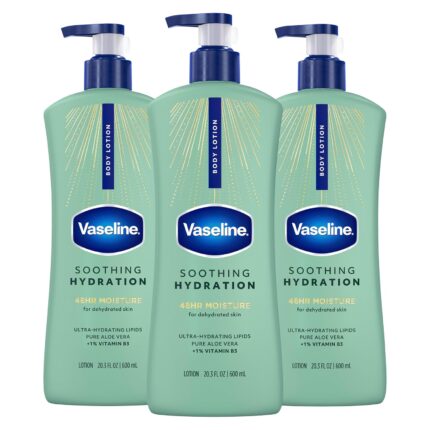 Vaseline Intensive Care Body Lotion for Dry Skin Soothing Hydration Lotion Made with Ultra-Hydrating Lipids + 1% Aloe Vera Extract to Refresh Dehydrated Skin 20.3 oz, Pack of 3 (packaging May Vary)