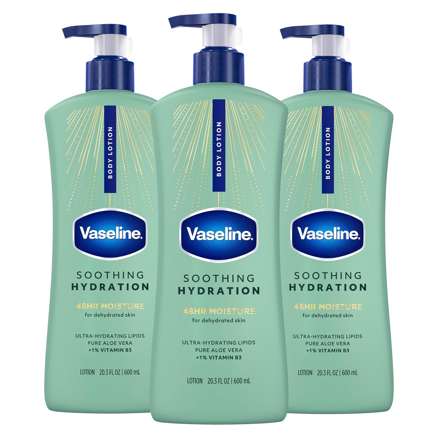 Vaseline Intensive Care Body Lotion: Soothing Hydration for Dry Skin Vaseline Intensive Care Body Lotion for Dry Skin Soothing Hydration Lotion Made with Ultra-Hydrating Lipids + 1% Aloe Vera Extract to Refresh Dehydrated Skin 20.3 oz, Pack of 3 (packaging May Vary)