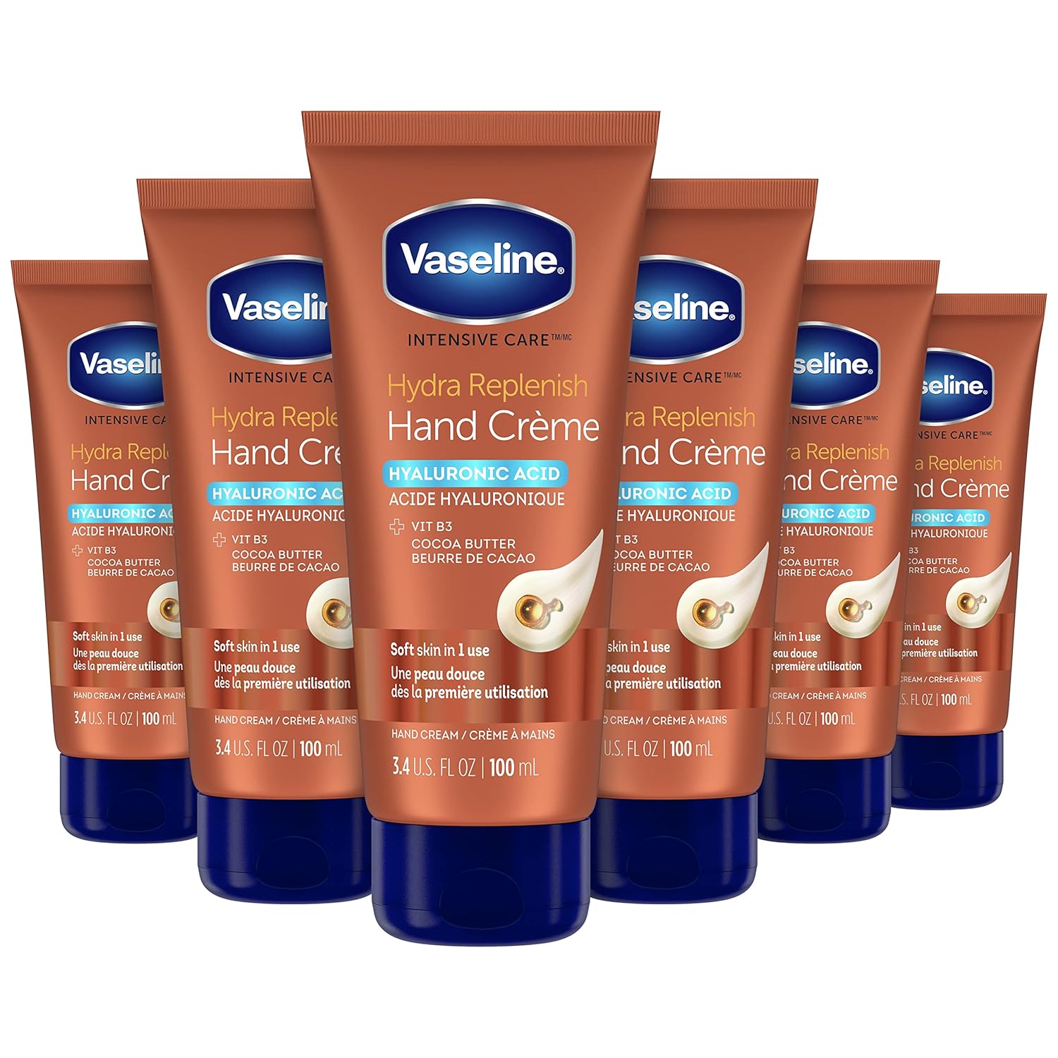 Vaseline Intensive Care Hand Crème: Hydrating Moisturizer Bundle Vaseline Intensive Care Hand Crème Moisturizer for Dry Hands Hydra Replenish Made with hyaluronic acid, vitamin B3, and cocoa butter 3.4 oz 6 Count