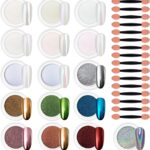 Artdone 16 Colors Chrome Nail Powder, Iridescent Aurora Chameleon Powder Metallic Mirror Effect Pigment Pearlescent Mermaid Pigment Pearl Glitter Dust Kit, Nail Art Decoration, Resin Craft