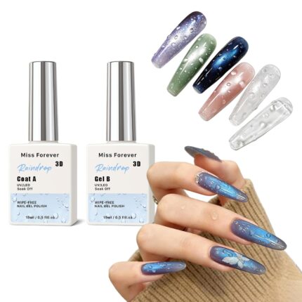 3D Water Drop Gel Top Coat Set - No-Wipe High Gloss Crystal Clear Nail Sculpting Gel for Raindrop & Dew Effect Manicure, Long Lasting UV LED Soak Off Nail Art Varnish Kit (2 Bottles)