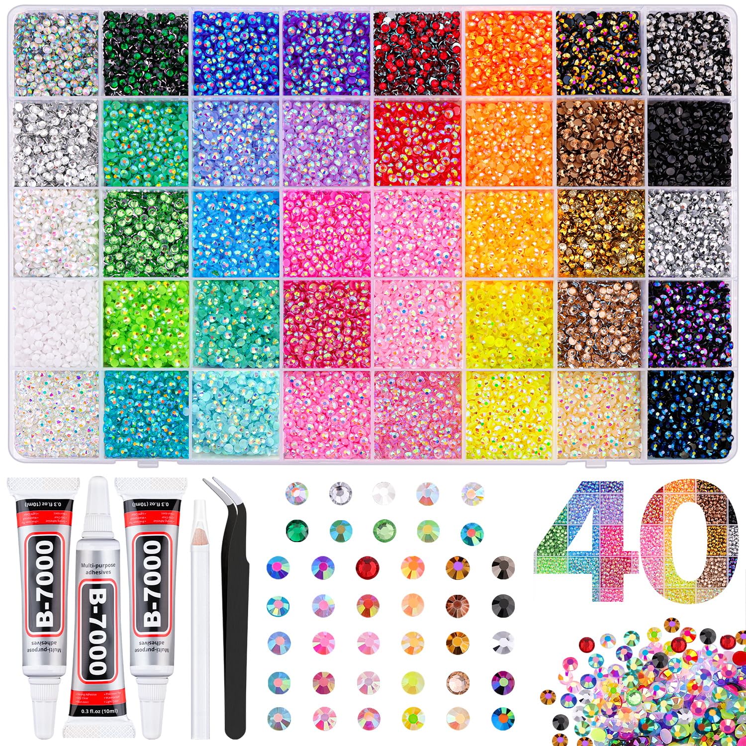 40 Color 50,000 Jelly Rhinestones with Glue for Crafts 50000Pcs 40 Colors Jelly Rhinestones for Bedazzling, 3mm Multicolor Resin Flatback Gems for Diamond Art, Bedazzler Kit with 3Pcs 10ml B7000 Jewelry Glue for Bedazzle Thing Crafting Book Nail Art