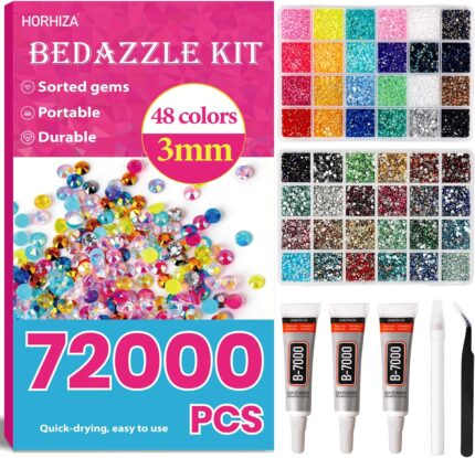 72000Pcs 48 Colors Resin Jelly Rhinestones for Bedazzling Kit, 3mm Multicolor Flatback Gems with 3Pcs 10ml B7000 Jewelry Glue for Crafting, Diamond Nail Art, Shoes, Books