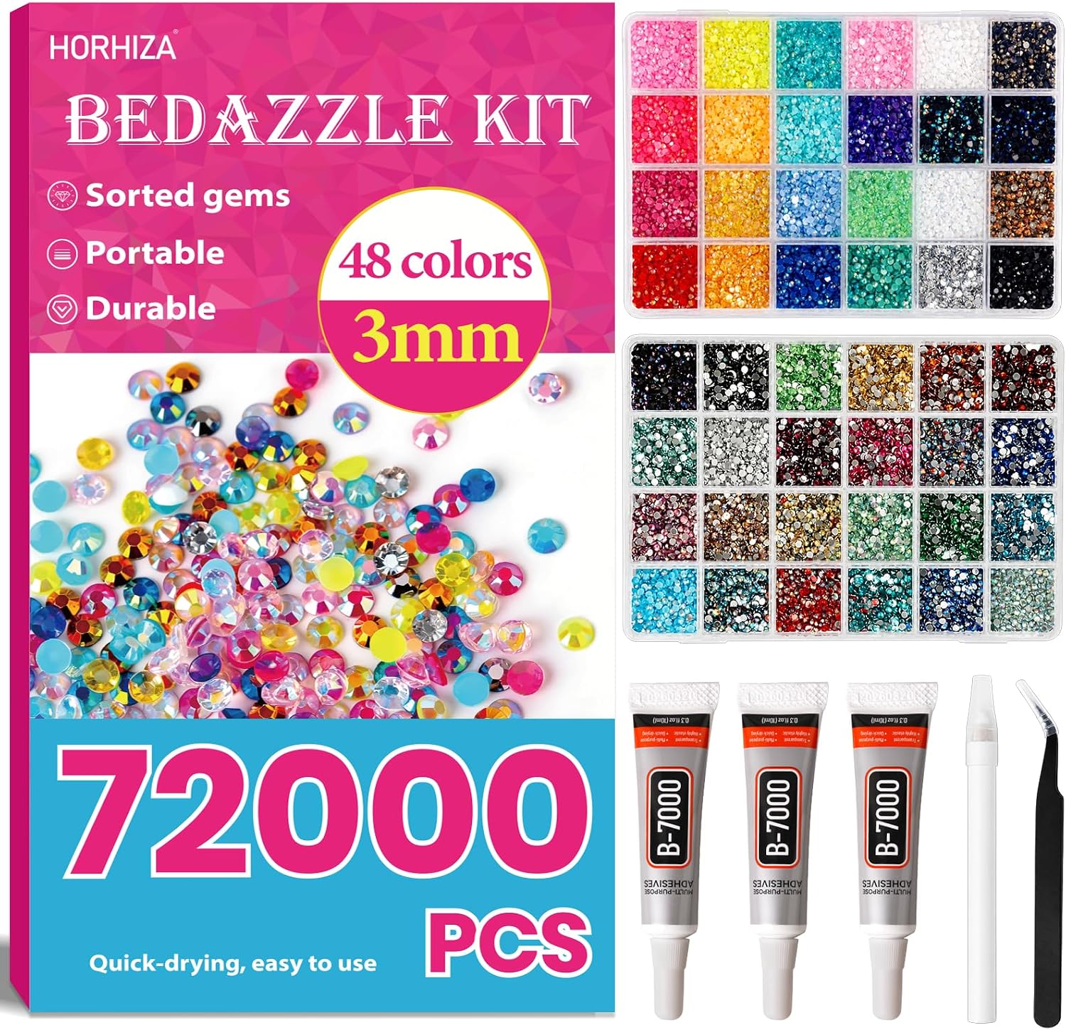 48-Color Flatback Rhinestones with Glue for Crafting Kit 72000Pcs 48 Colors Resin Jelly Rhinestones for Bedazzling Kit, 3mm Multicolor Flatback Gems with 3Pcs 10ml B7000 Jewelry Glue for Crafting, Diamond Nail Art, Shoes, Books