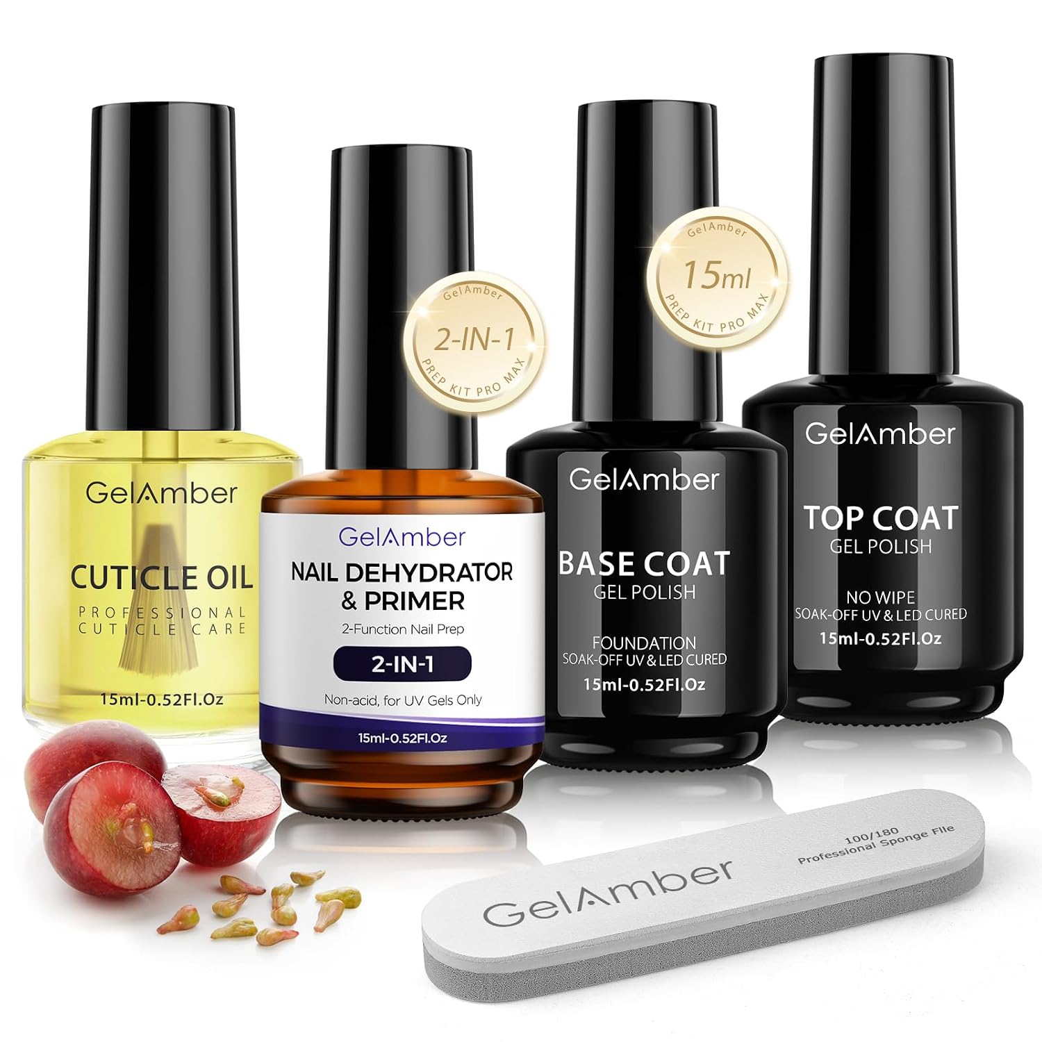4Pcs Gelamber Nail Kit: Dehydrator, Primer, Base, & Top Coat GELAMBER 4Pcs 15ml Nail Dehydrator and Primer 2-in-One with Gel Base and Top Coat Set, Cuticle Oil and Nail File, Acid-Free No Wipe Essentials for Shiny & Long-Lasting Natural Manicure
