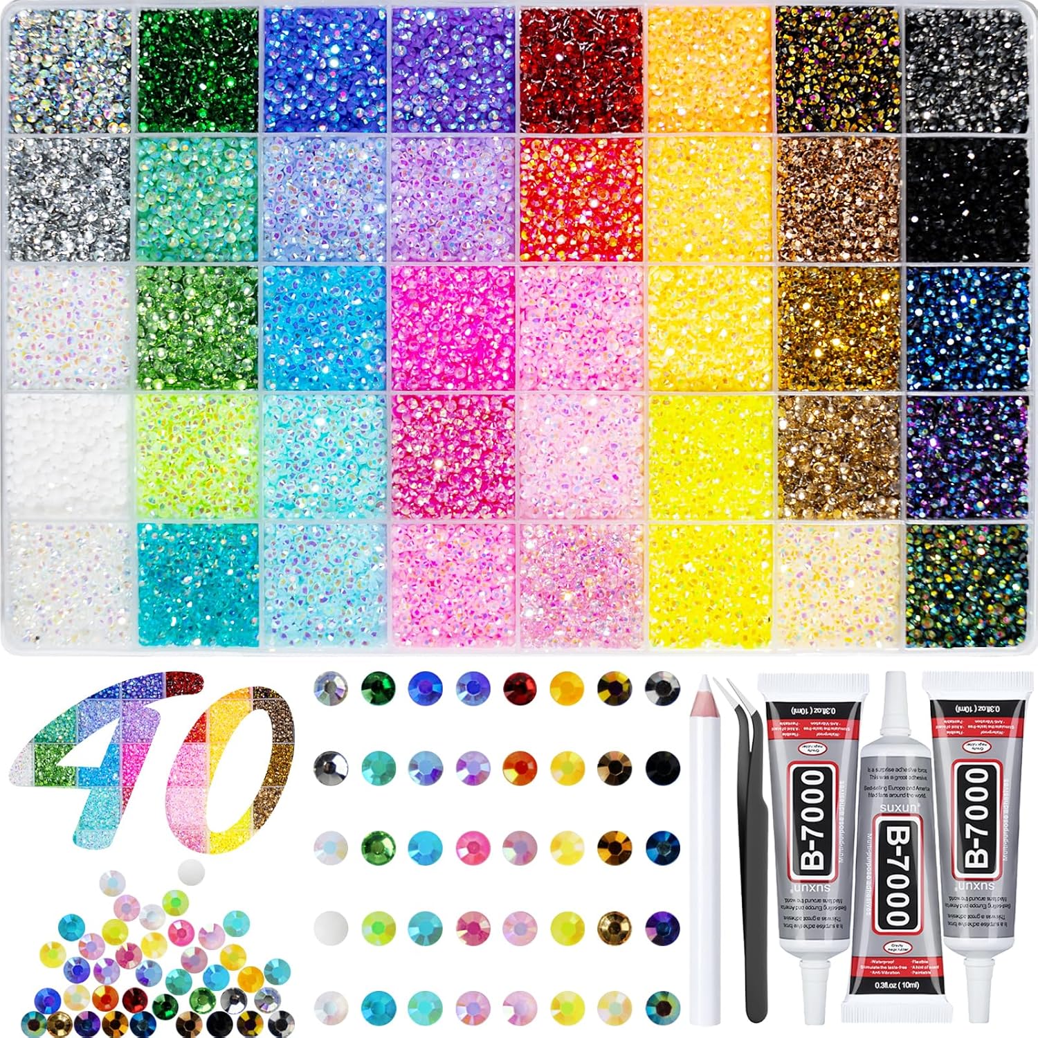50,000+ Multicolor Resin Rhinestones with Glue for Art 50000+Pcs Resin Jelly Rhinestones for Bedazzling Kit, 3mm Multicolor Flat Back Gems Bedazzler Kit with 3Pcs 10ml B7000 Jewelry Glue, Colorful Bulk Jewels for Diamond Nail Art