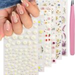 Flower Nail Art Stickers Decals 5D Embossed Flower Nail Decals Self Adhesive Spring Summer Daisy Lavender Nails Design Supplies 3D Nails Decoration for Women