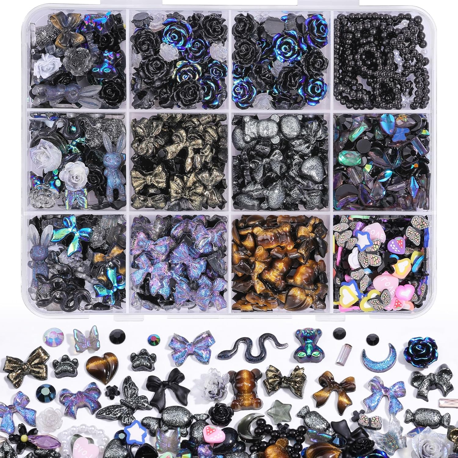 850-Piece 3D Nail Charms Kit: Butterflies, Flowers & More 850 Pieces 3D Butterfly Rose Flower Bow Rabbit Bear Nail Charms Kit with Nail Art Rhinestones Pearls Crystal Gems Nail Slices for Manicure DIY Crafts Jewelry Accessories (Black)