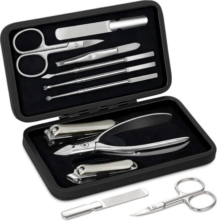 9 in 1 Professional Manicure Pedicure Set, Premium Stainless Steel Nail Clipper Grooming Tools with Magnetic Leather Travel Case, Portable Nail Kit Gift for Men & Women(Black)