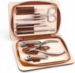 Beauty Power 9 in 1 Professional Manicure Pedicure Set - Stainless Steel Nail Clippers, Nano File, Cuticle Nipper, Scissors, Tweezers, Travel PU Leather Case for Men & Women - Father's Day - Brown