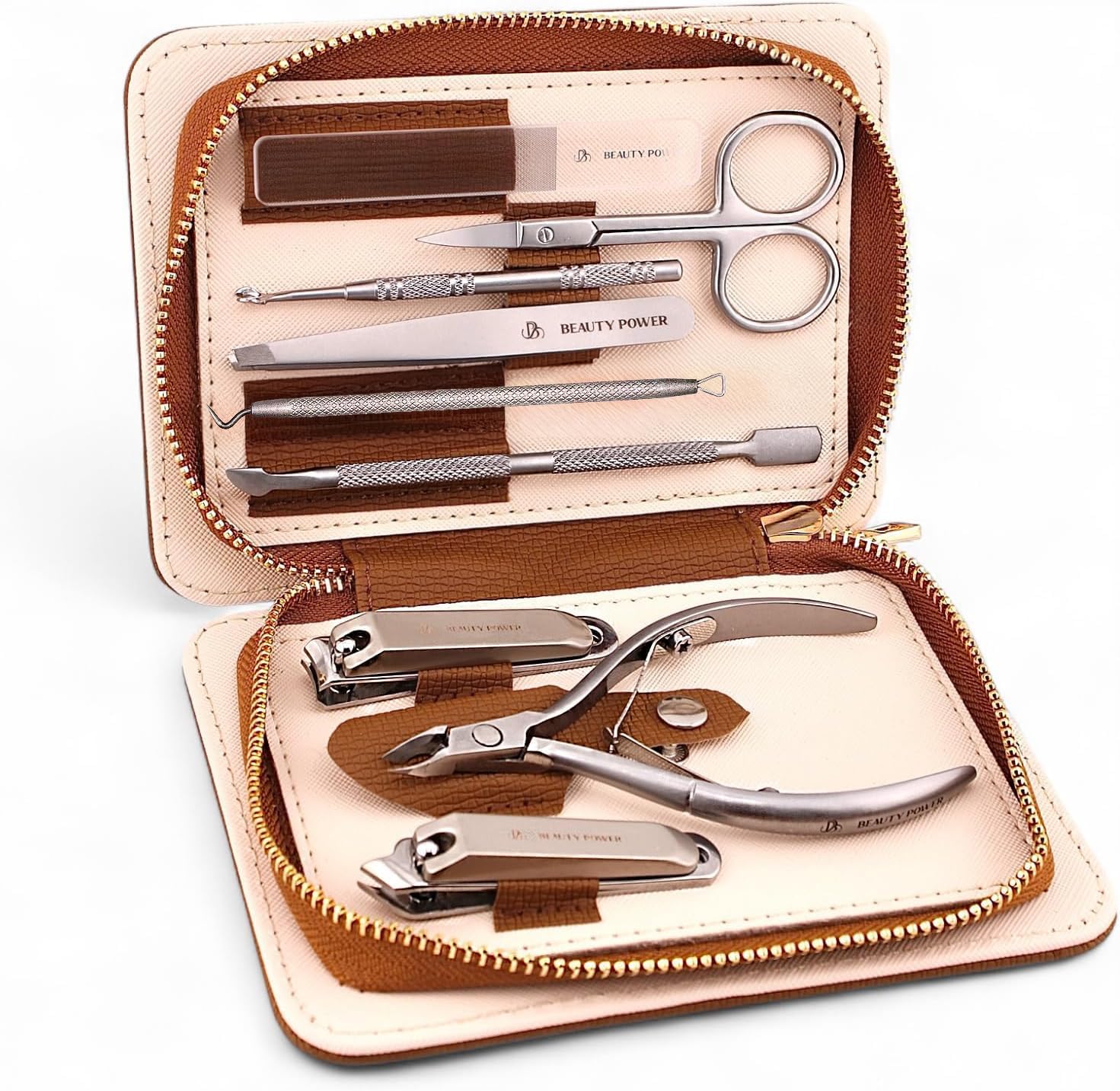 9-in-1 Stainless Steel Manicure Pedicure Set for All Beauty Power 9 in 1 Professional Manicure Pedicure Set - Stainless Steel Nail Clippers, Nano File, Cuticle Nipper, Scissors, Tweezers, Travel PU Leather Case for Men & Women - Father's Day - Brown