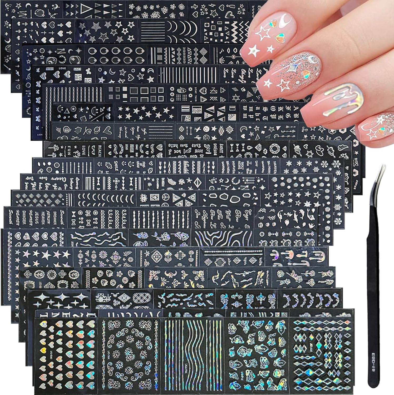 90 Sheets Holographic Silver Nail Art Stickers with Tweezer 90 Sheets Silver Nail Art Stickers Holographic Laser Silver Nail Decals 3D Self Adhesive Nail Stickers for Nail Art Designs Star Line Flower Nails Supplies for Women Nail Decoration with Nail Tweezer