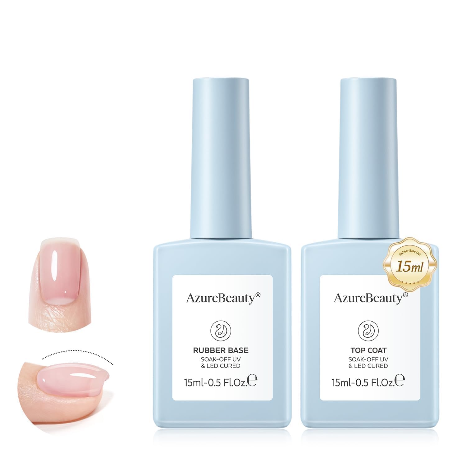 AZUREBEAUTY 15ml Rubber Base and Top Coat Set for Nails AZUREBEAUTY 15ml Rubber Base Gel Polish and No Wipe Top Coat Set, Builder Base Coat and Ultra Shine Top Self Leveling Apex Building Nail Strengthener, Long Lasting for Thin Weak Brittle Nails