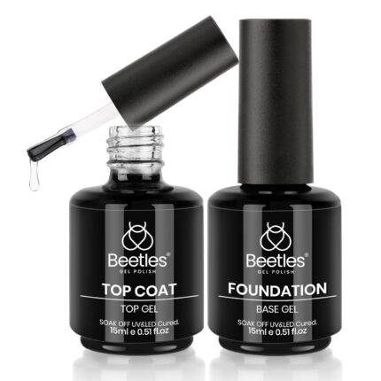 Beetles Gel Top Coat and Base Coat Set - 2 Pcs 15ml No Wipe Top Coat Gel Nail Polish Shine Finish and Long Lasting, Soak Off LED Nail Lamp Finish Nail Art Design Manicure Diy at Home