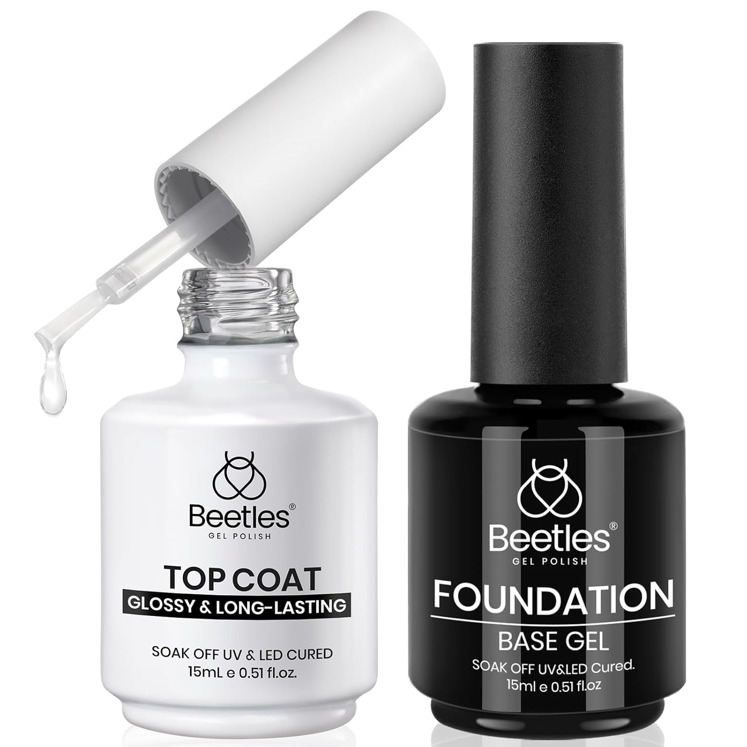 Beetles 2Pcs Gel Base & Top Coat Set for Glossy Beetles 2Pcs 15ml Gel Base and Top Coat Set - Upgrade No Wipe Extra Glossy Top Coat Finish for Gel Nail Polish, Soak Off UV/LED Lamp Needed, Essentials for Long-Lasting Manicure Kit