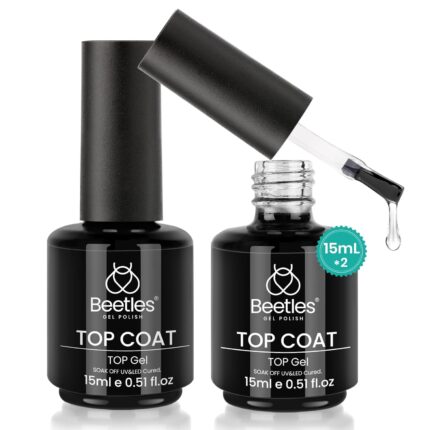 beetles Gel Polish 2Pcs 15ml No Wipe Top Coat Gel Nail Polish High Gloss Shiny Long-Lasting Clear Gel Top Coat, Soak Off Nail Lamp, Summer Nails Home DIY Manicure and Nail Salon Gifts for Women