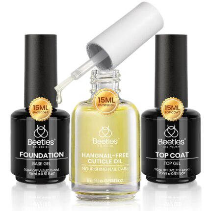 Beetles Gel Top Coat Base Coat Cuticle Oil Set, 3Pcs 15ml No Wipe Top Coat Gel Nail Polish Glossy Shine Long Lasting Cuticle Protectors Kit Oil Care for Dry Damaged Cuticles Gift for Women