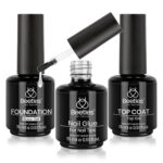 Beetles 3Pcs Top Coat Base Gel & Nail Glue Set, No Wipe Base Coat with 9 In 1 Adhesive Shine Effect Long Lasting Soak Off UV Light Lamp DIY Gifts for Women & Girls