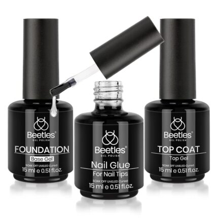 Beetles 3Pcs Top Coat Base Gel & Nail Glue Set, No Wipe Base Coat with 9 In 1 Adhesive Shine Effect Long Lasting Soak Off UV Light Lamp DIY Gifts for Women & Girls
