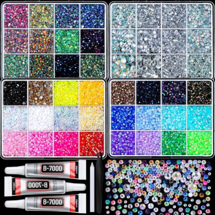 FANDAMEI Bedazzling Kit, 25000PCS 48 Grids Rhinestones for Bedazzling with 3PCS Jewelry Glue, Multicolor AB 3mm Flat Back Jelly Rhinestones for Crafts, Resin Silver Gems Rhinestones for Nails