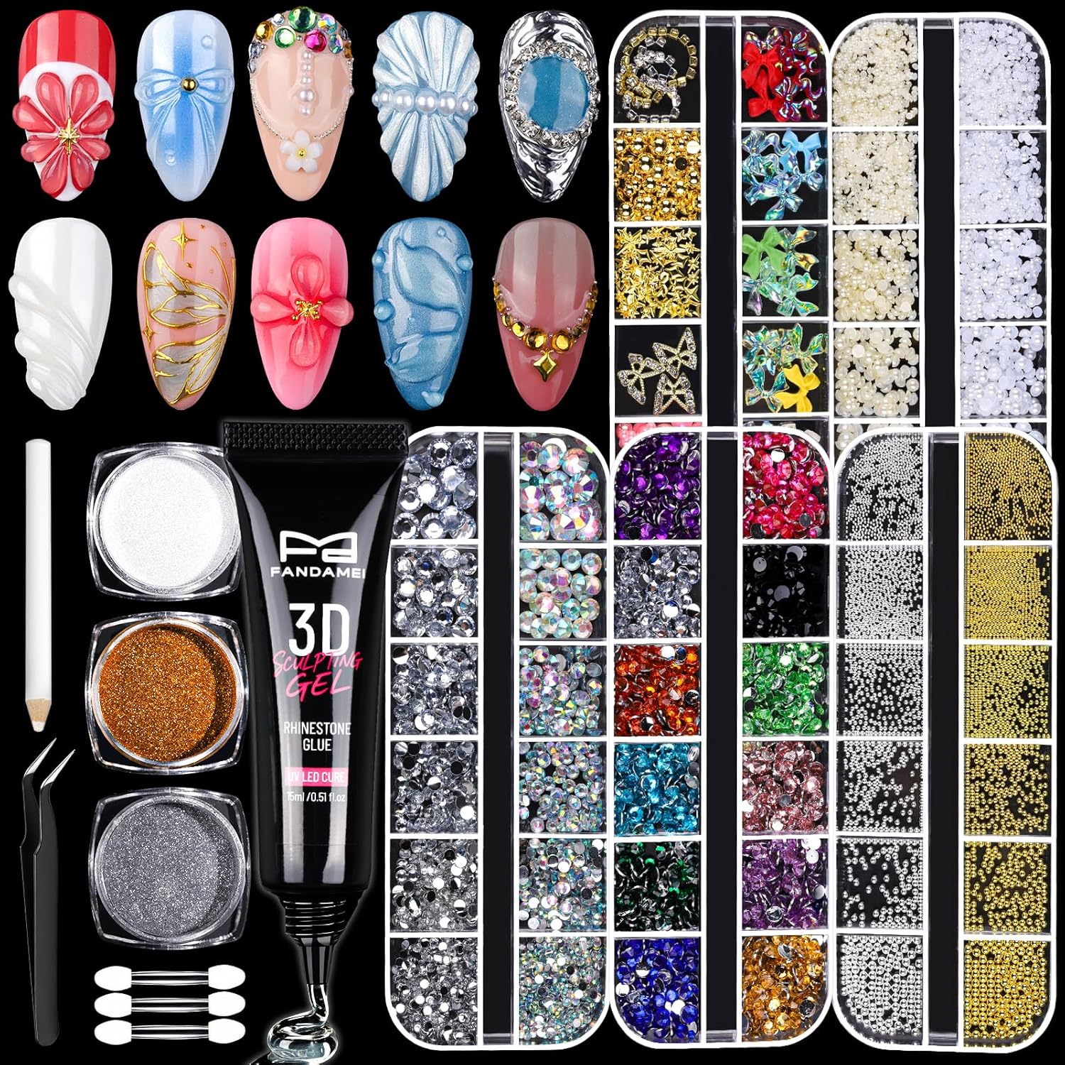 FANDAMEI 3D Nail Gel Kit with Pearls and Gems FANDAMEI 3D Gel Kit, 15g 3D Nail Sculpting Gel, 5 Box Nail Pearls Charms and Gems Clear&AB Nail Rhinestones, Metal Nail Beads&Gold Silver White Pearl Chrome Powder for DIY Manicure, UV/LED Lamp Needed
