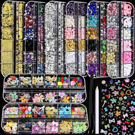 FANDAMEI Nail Charms and Gems, 8 Boxes Nail Art Kit for Design, Multi-Shape Rhinestones for Nails Flat Back Pearls Jewels, 3D Fruit Flower Candy Nail Charms, Gold Nail Studs Jewels