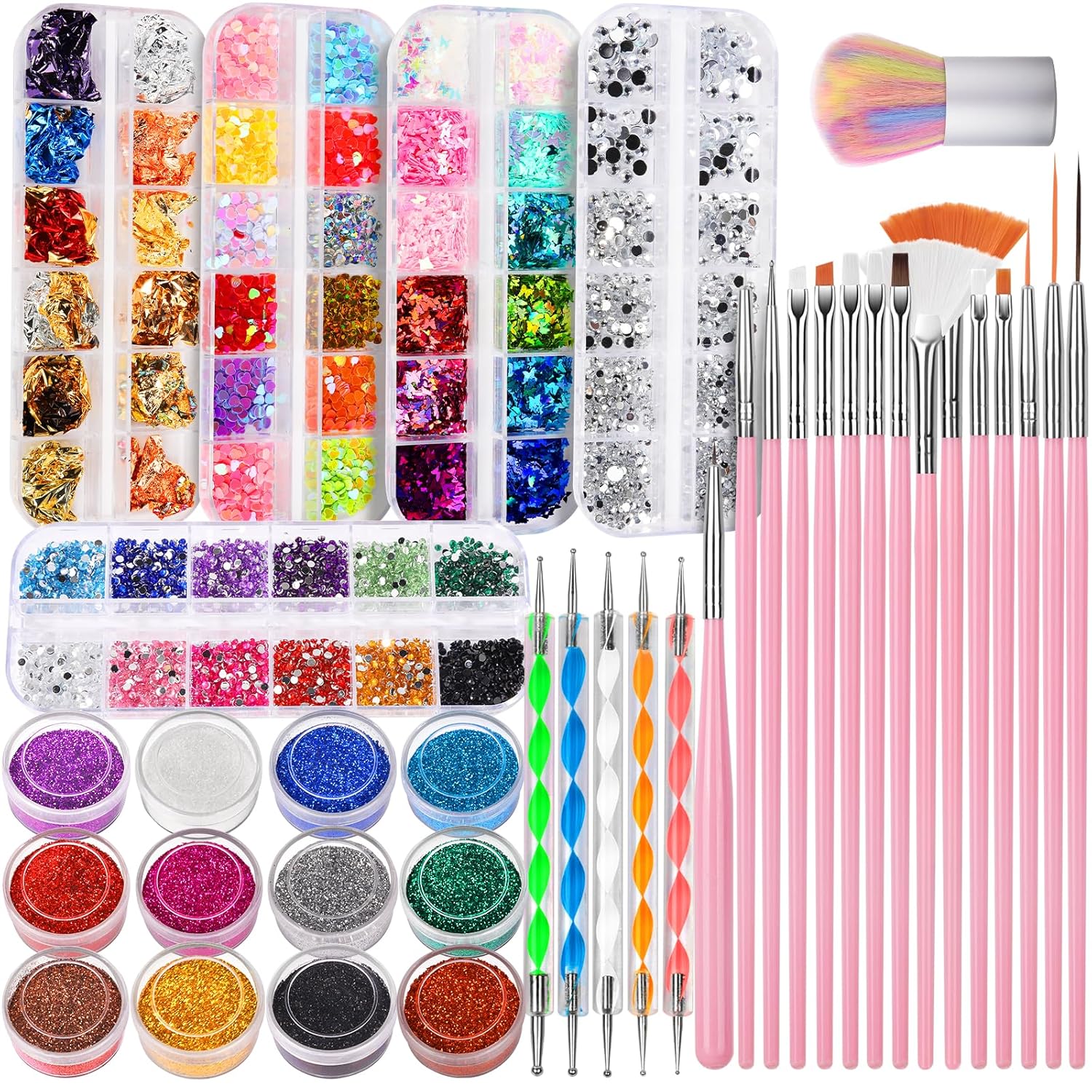 FANDAMEI Nail Art Kit with Brushes, Glitter, and Décor Tools FANDAMEI Nail Art Kit, Nail Art Brushes Set, Nail Design Kit Dotting Tools, Fine Nail Glitter, Nail Decoration Butterfly Heart Glitter Sequins, Foil Flakes, Nail Rhinestones, Dust Brush
