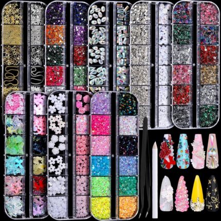 FANDAMEI Nail Charms, Nail Rhinestones Kit with 8 Boxes of Nail Gems, Bedazzling Kit for Nails, Colorful Clear Flatback Rhinestones, Charms Y2K for Nails, Multi Shape Nail Art Accessories for Crafts