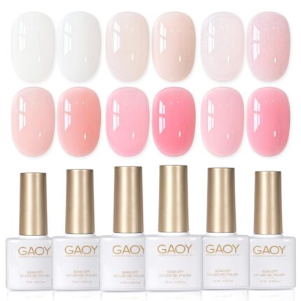 GAOY 6 Colors Rubber Base Gel Set, Jelly Builder Base Nail Gel Sheer Nude White Pink, 2-in-1 Soak Off Nail Strengthener, Petal Whisper