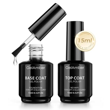 GELAMBER 2Pcs 15ml Gel Top Coat and Gel Base Coat, No Wipe Top and Base Gel Polish Kit, High Glossy Shine Long Lasting Soak Off Nail Art for Home DIY and Professional Manicure Gift