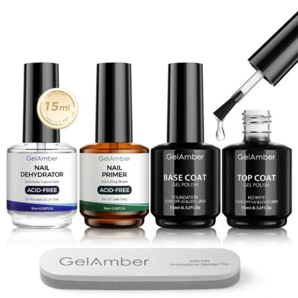GELAMBER Nail Primer and Dehydrator with Gel Base and Top Coat 4Pcs Set 15ml, Nail File, Acid-Free Glossy Durable Long-Lasting Finish Home DIY Nail Salon Nail Prep Kit Gift