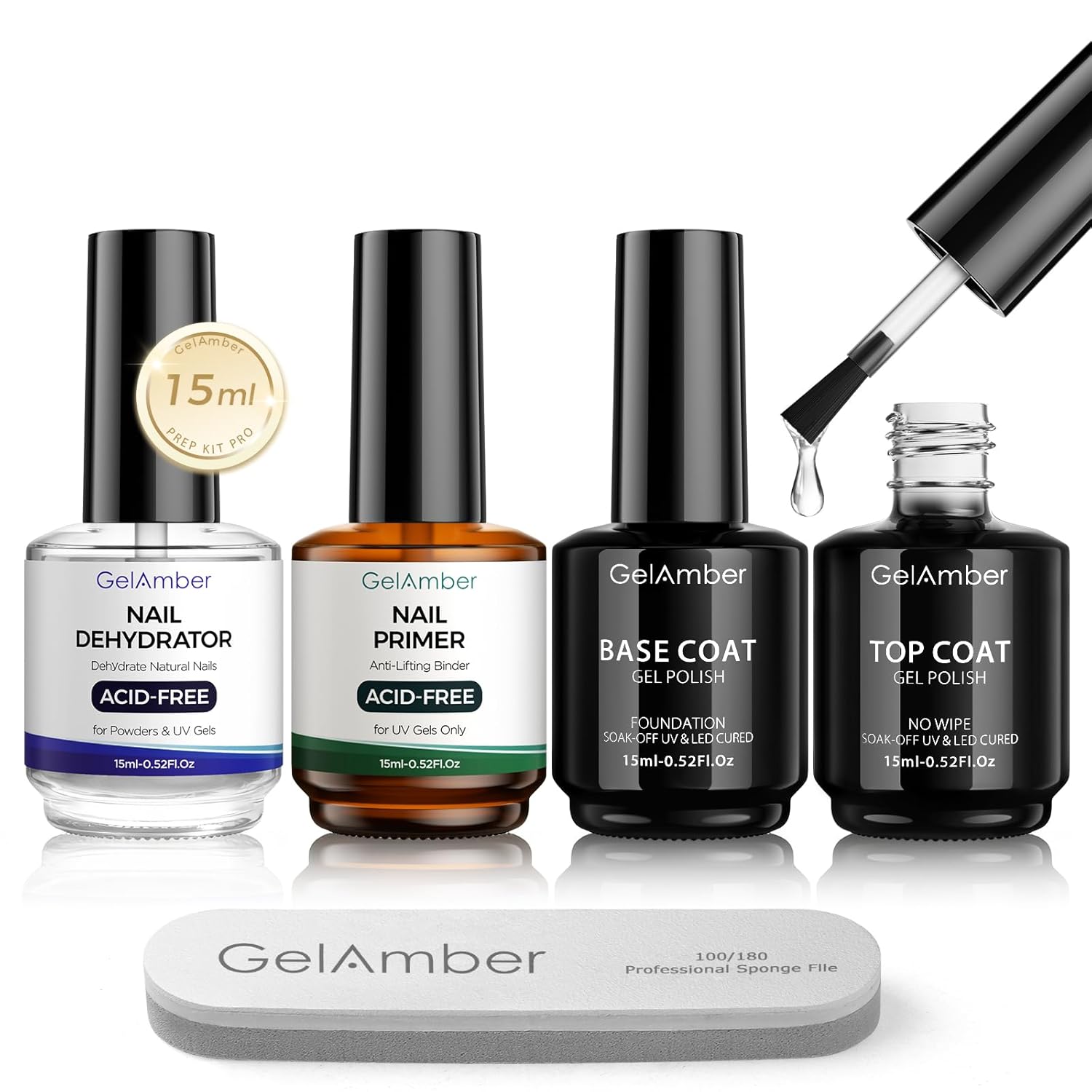 GELAMBER Nail Prep Kit: Primer, Dehydrator, File, and Coats GELAMBER Nail Primer and Dehydrator with Gel Base and Top Coat 4Pcs Set 15ml, Nail File, Acid-Free Glossy Durable Long-Lasting Finish Home DIY Nail Salon Nail Prep Kit Gift