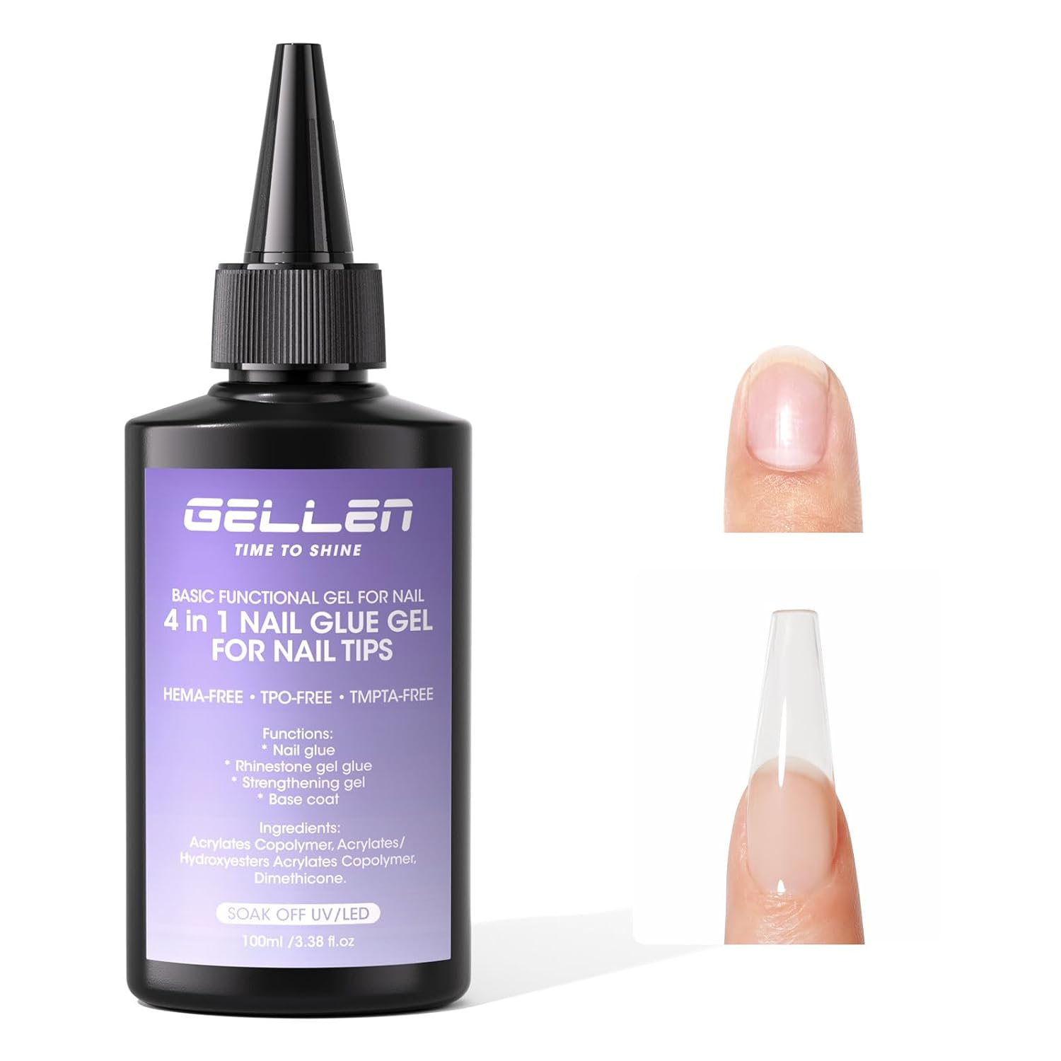 GELLEN 4-in-1 Gel Nail Glue Refill - 100ml, UV Cured. GELLEN Professional 4 in 1 Gel Nail Glue Refill 100ml – Long-lasting Strong Adhesive NailGlue Gel, HEMA TPO TMPTA 3-Free Acrylic Nail Tips Glue for Salon Use, Need U V Light Cured