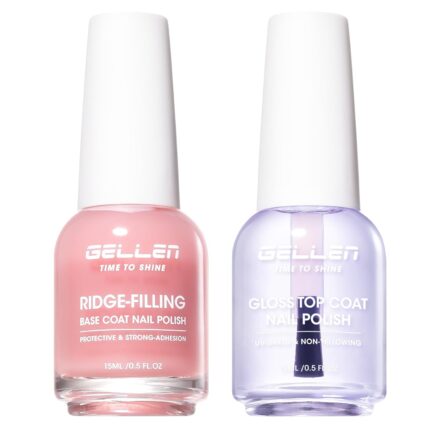 GELLEN Clear Nail Polish Ridge Filling Base Coat & High Shine Top Coat, Ridge Filler For Nails, Brighten Strengthen Damaged Dry Brittle Nails | Vit E, Protein | Toxin HEMA TPO Free, No Color
