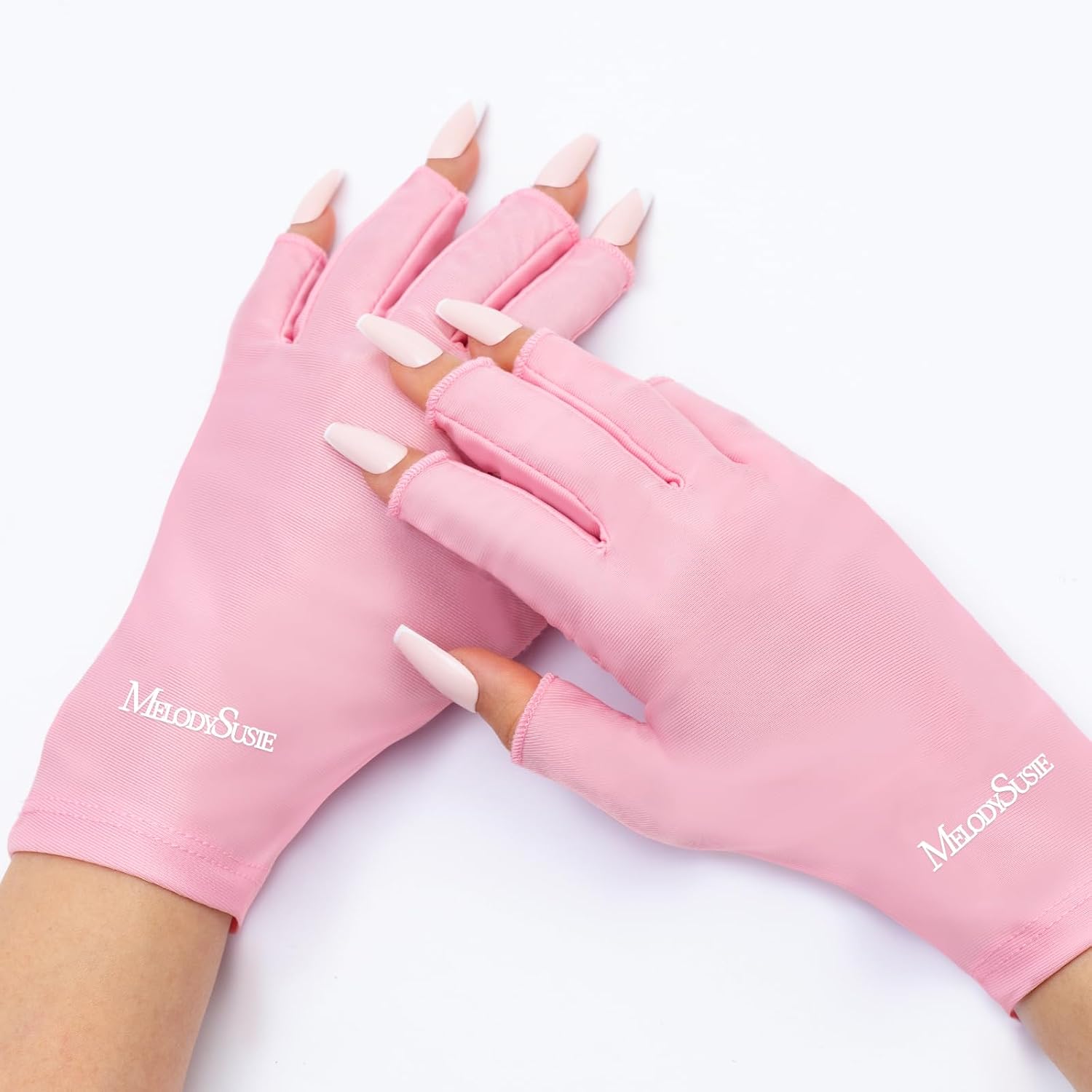 MelodySusie UV Protection Gloves: Professional Fingerless Design, Pink. MelodySusie Premium UV Protection Gloves for Manicures, Cool Feeling Fabric,Professional UPF50+, UV Gloves for Gel Nail Lamp, Anti UV Light, Skin Care Fingerless Design, Pink