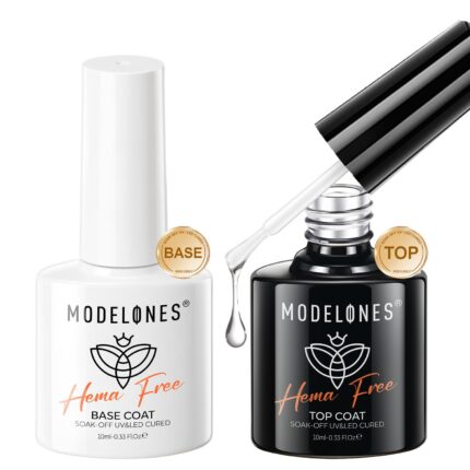 modelones Hema Free Gel Base Top Coat Set, 2 Pcs Clear Glossy Gel Nail Polish Long Lasting for Acrylic Nails Soak Off Nail Lamp Nail Art Home Salon Manicure Gift for Women