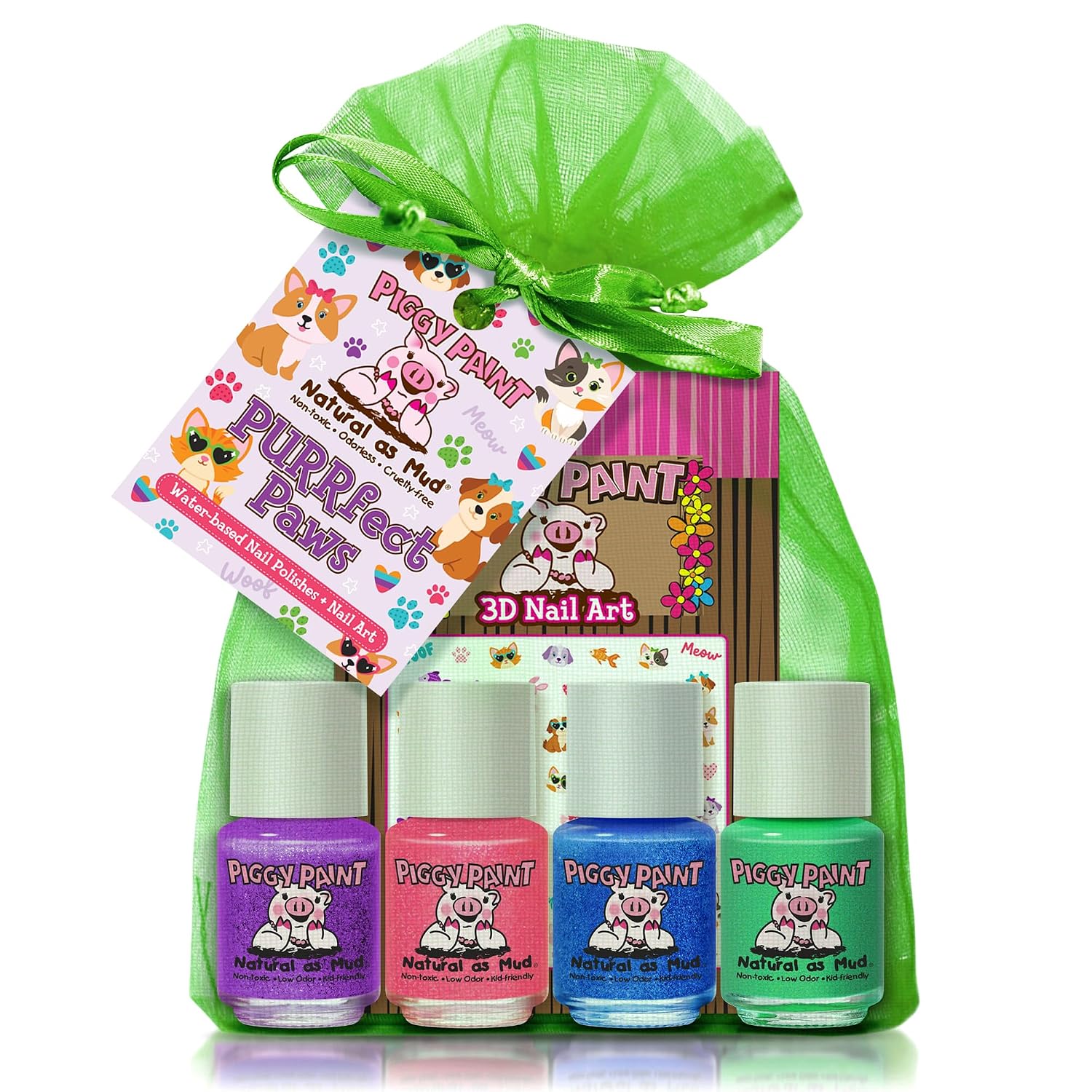 Piggy Paint: Safe, Non-Toxic Nail Polish Gift Set for Kids Piggy Paint | 100% Non-Toxic Girls Nail Polish | Safe, Cruelty-free, Vegan, & Low Odor for Kids | PURRfect Paws Pet (4 Polish + Nail Art Gift Set)