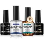 Morovan Nail Dehydrator and Primer with Gel Base & Top Coat Set 4PCS Professional Fast Dry Acid Free Supplies Primer for Acrylic & Gel Nail Polish Gifts