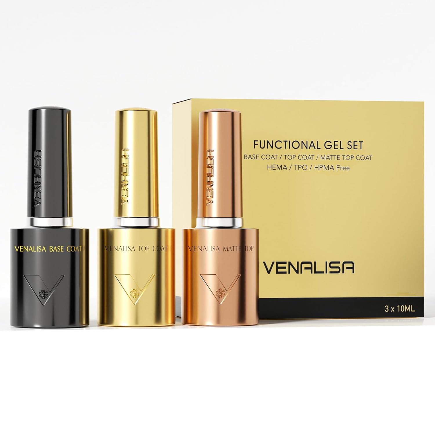 VENALISA Matte No Wipe Gel Top Coat Set – 3 VENALISA No Wipe Gel Top Coat Matte Top and Base Coat Set 3 Pcs 10ML for Gel Nail Polish Long Lasting Salon Manicure DIY at Home For Girls Women